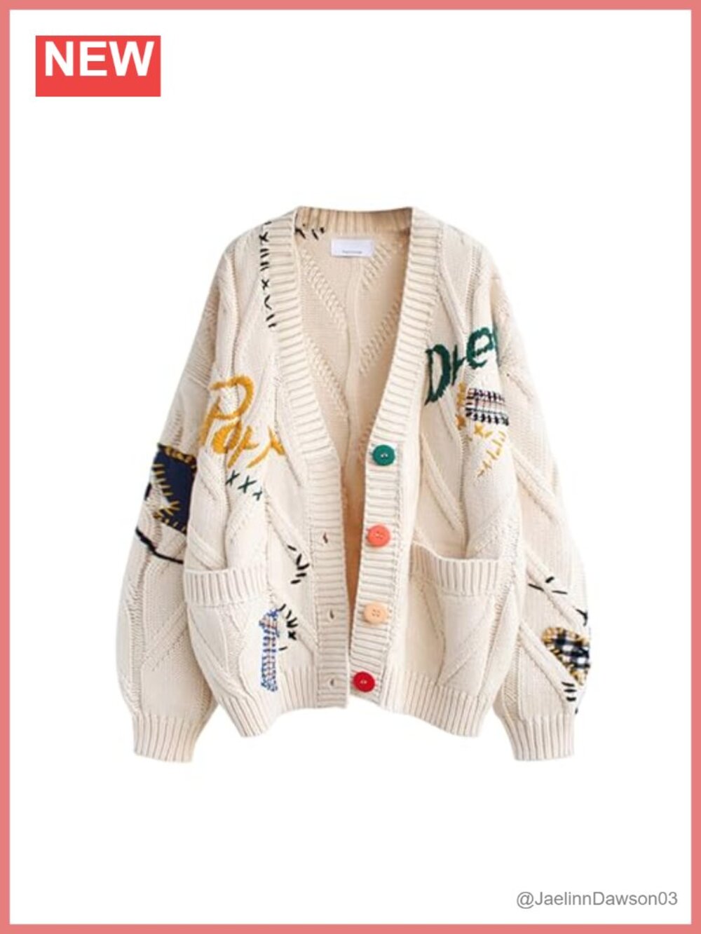 Wool Blend Cable Knit Open Front Cardigan V-Neck Button Down Embroidery Sweater